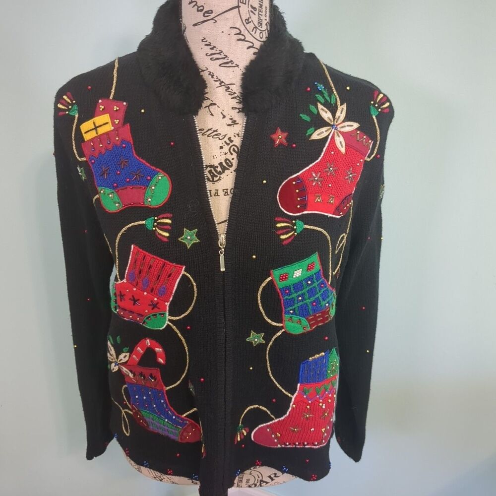 Ugly Christmas Sweater small Faux Fur Neck stockingd embroidery grandma core
